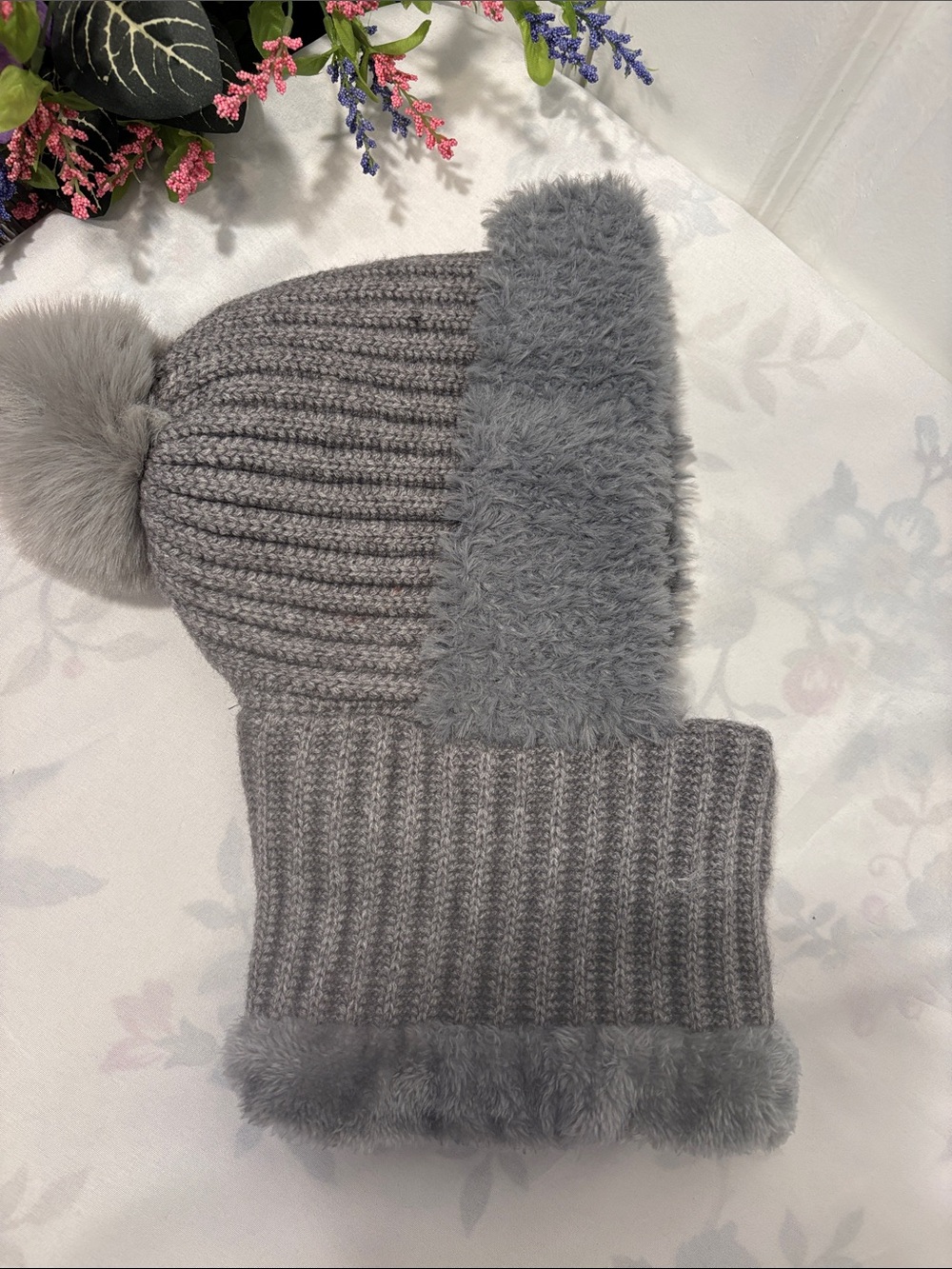 Cozy Gray Knit Hood Hat Faux Fur Trim Pom Pom Winter Hat